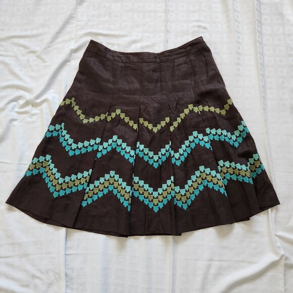 Ann Taylor Loft 100% Linen Skirt Size 10 Brown Pleated Embroidered Lined Preppy - Picture 1 of 4